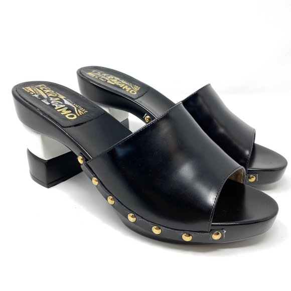 Salvatore Ferragamo Shoes - Vintage Ferragamo Black White Stacked Wood Mules